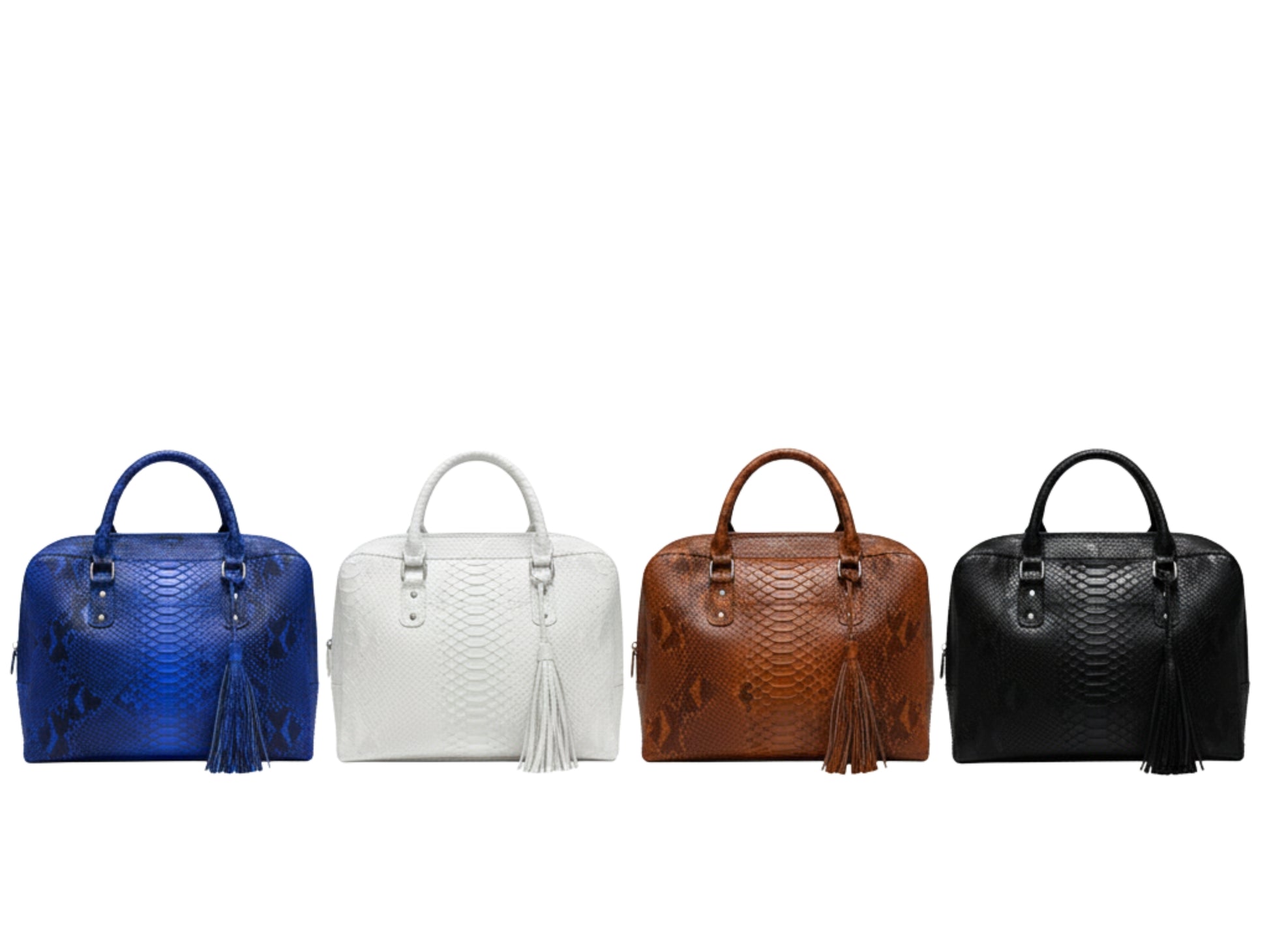 Four handbags in blue, white, brown, and black on a white background
