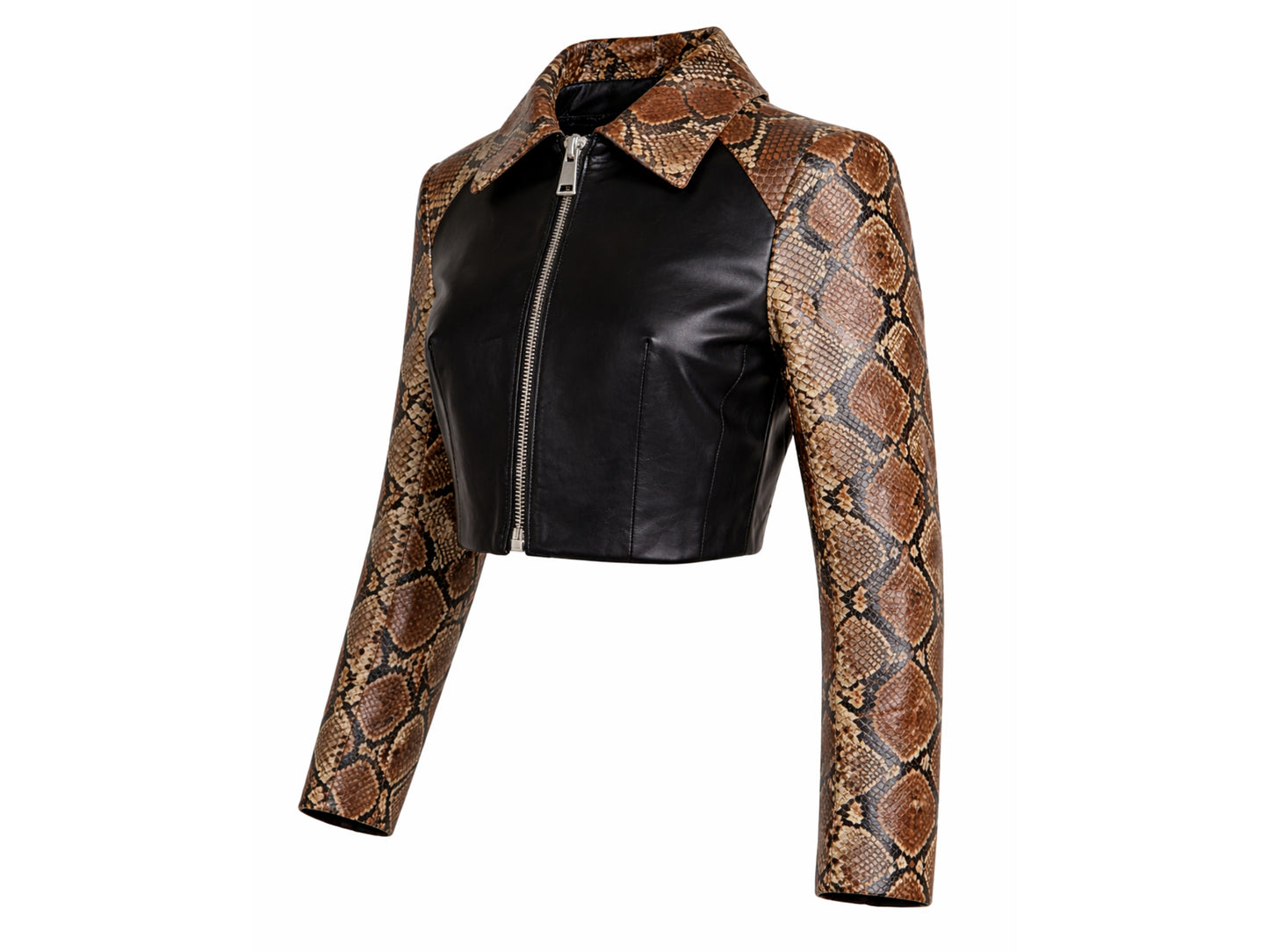 Angled view luxury women snakeskin cropped jacket zip front design