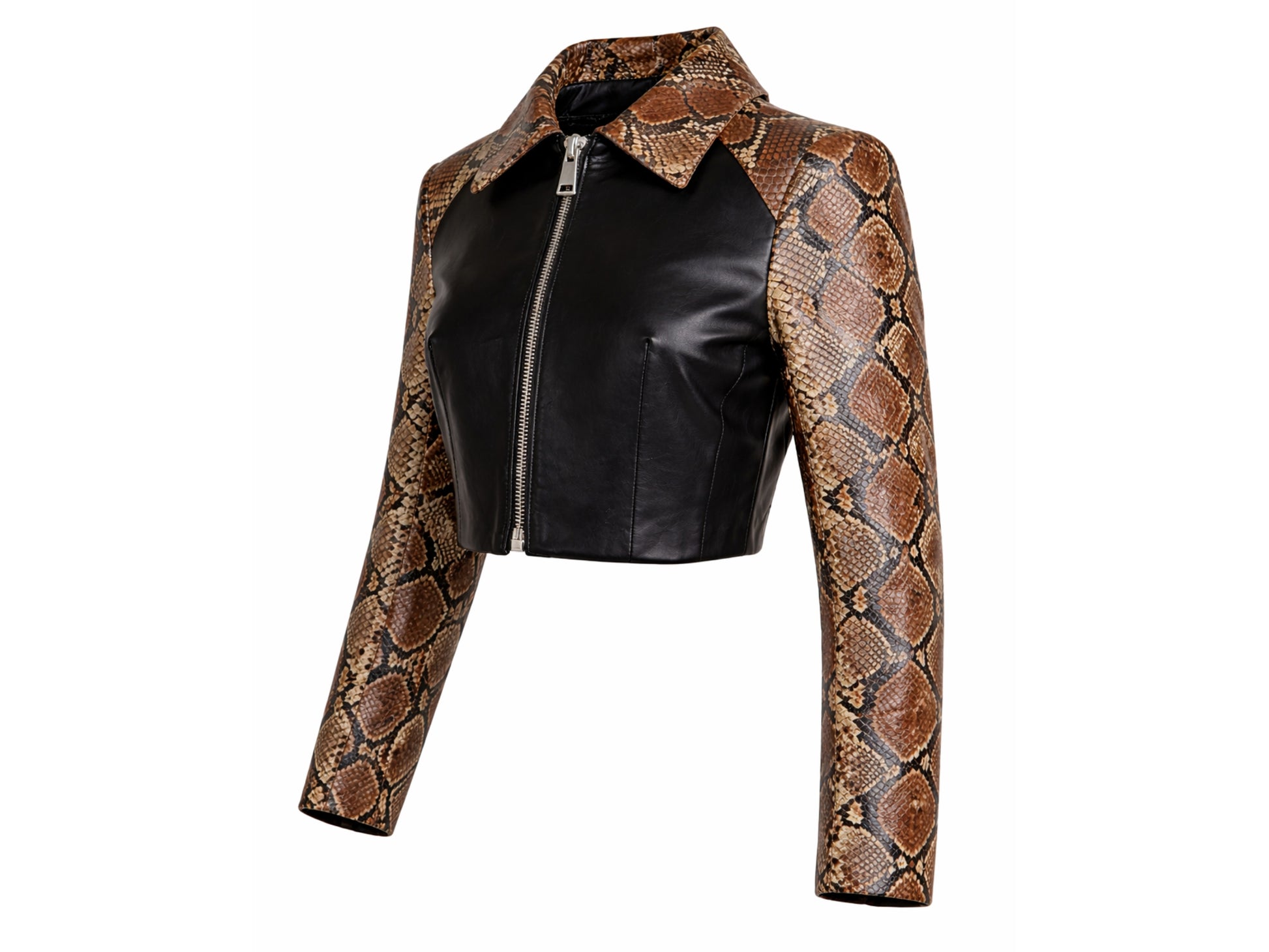 Angled view luxury women snakeskin cropped jacket zip front design