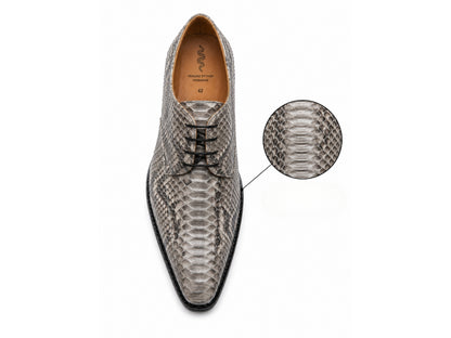 Top view of genuine python snakeskin dress shoe showing natural scale pattern