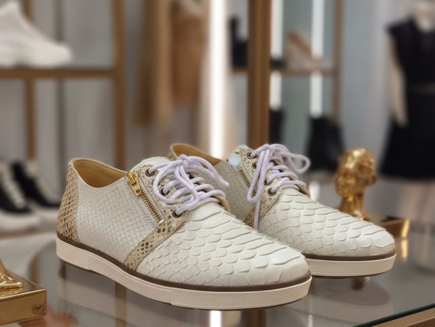 White Python Snakeskin Sneakers: Unisex Casual Designer Style