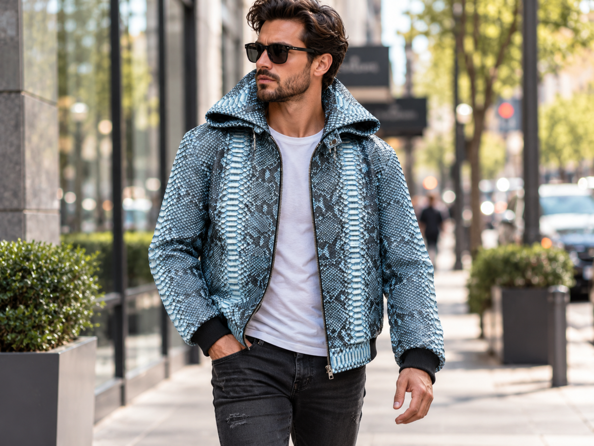 A man wearing a blue and gray snakeskin-patterned hooded jacket over a white t-shirt and black jeans, walking on a city sidewalk.