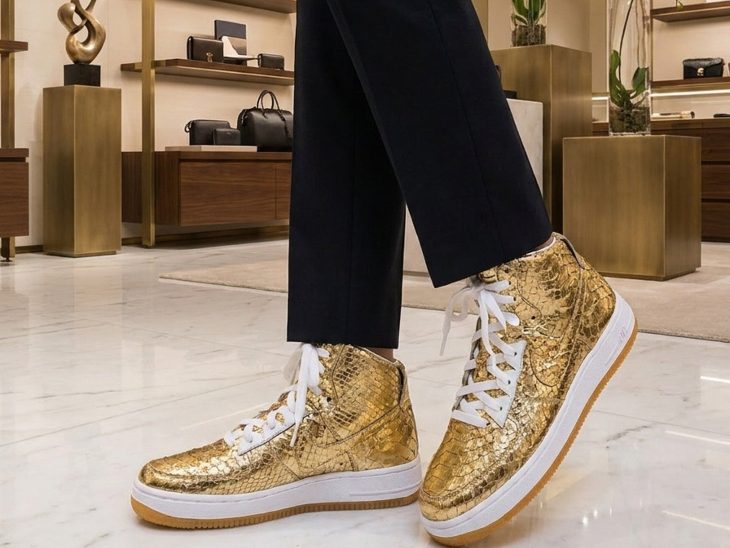Gold Python Snakeskin Leather High-Top Sneakers