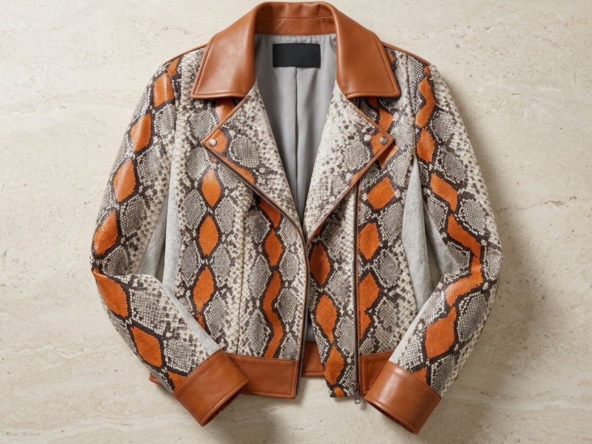 Python Snakeskin Biker Leather Jacket: Multi-Color Orange