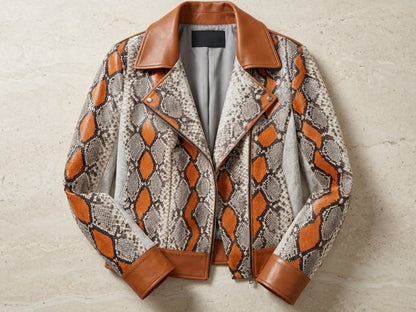 Python Snakeskin Biker Leather Jacket: Multi-Color Orange