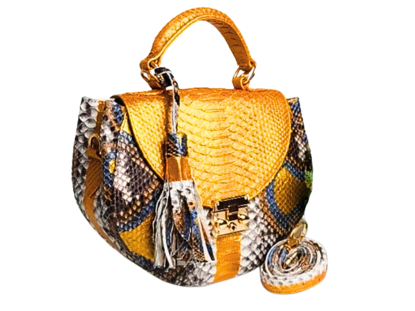 Oval Snakeskin Satchel Handbag - Gold