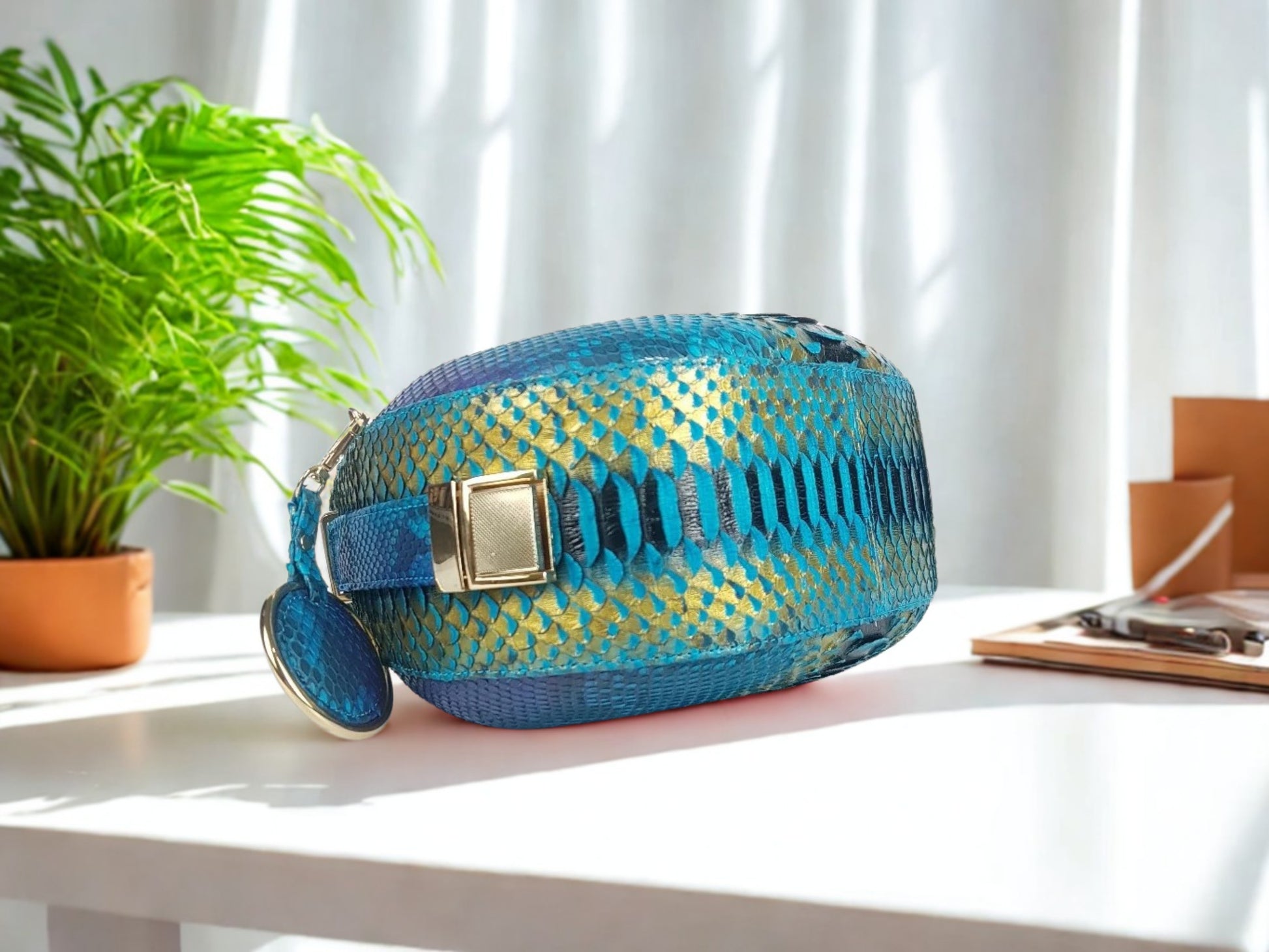 Half Moon Snakeskin Purse - turquoise color  on bottom bag view
