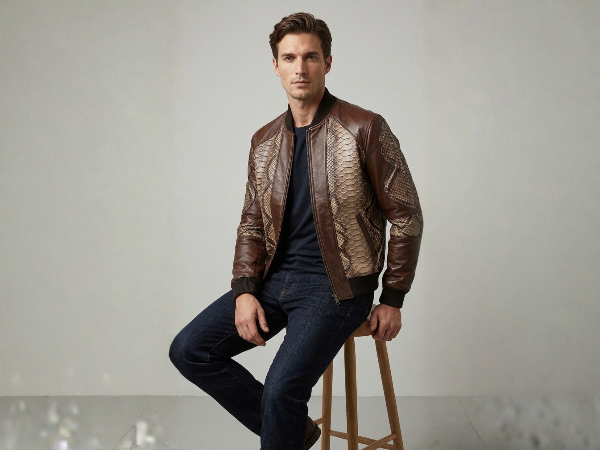Dark Brown Python Snakeskin Bomber Jacket