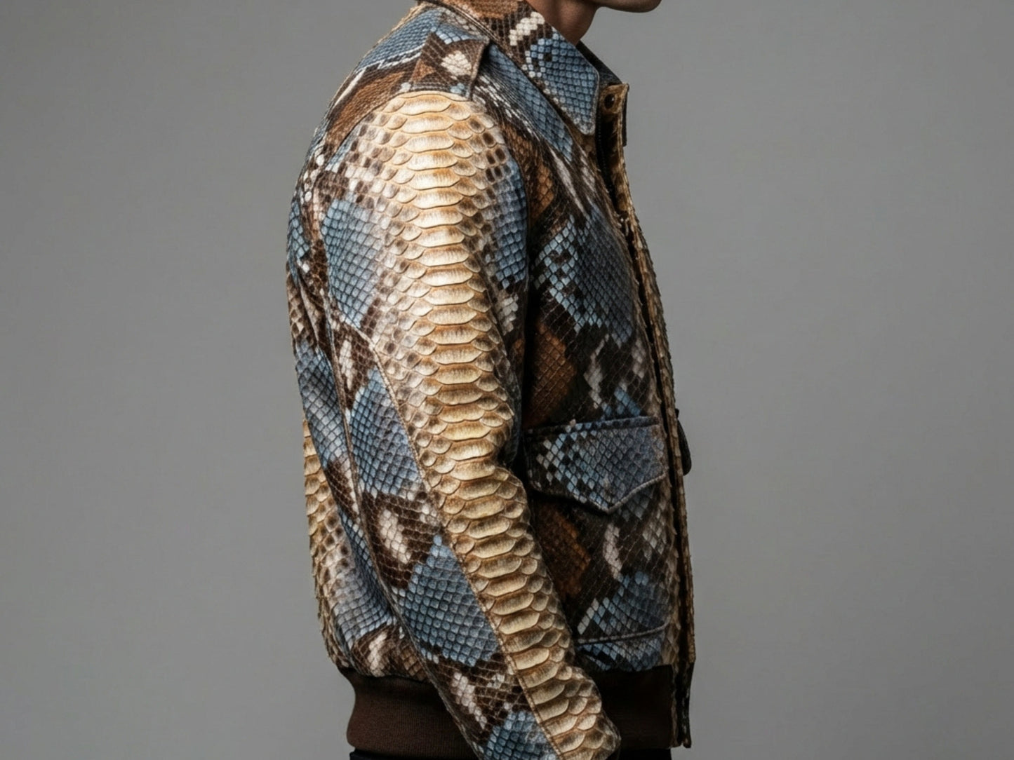 Multi Color Brown Snakeskin Bomber Jacket