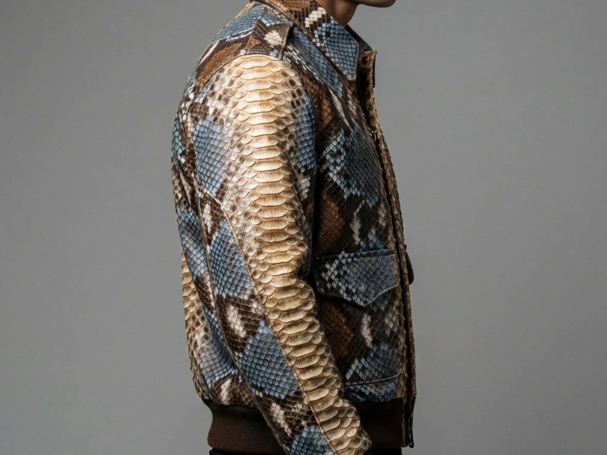 Multi Color Brown Snakeskin Bomber Jacket