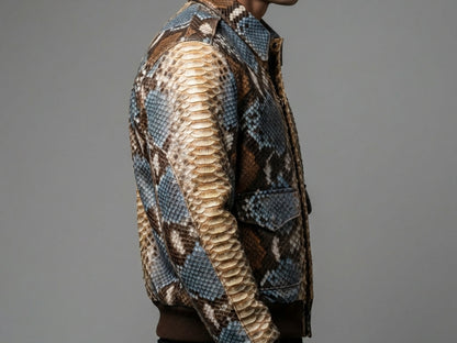 Multi Color Brown Snakeskin Bomber Jacket