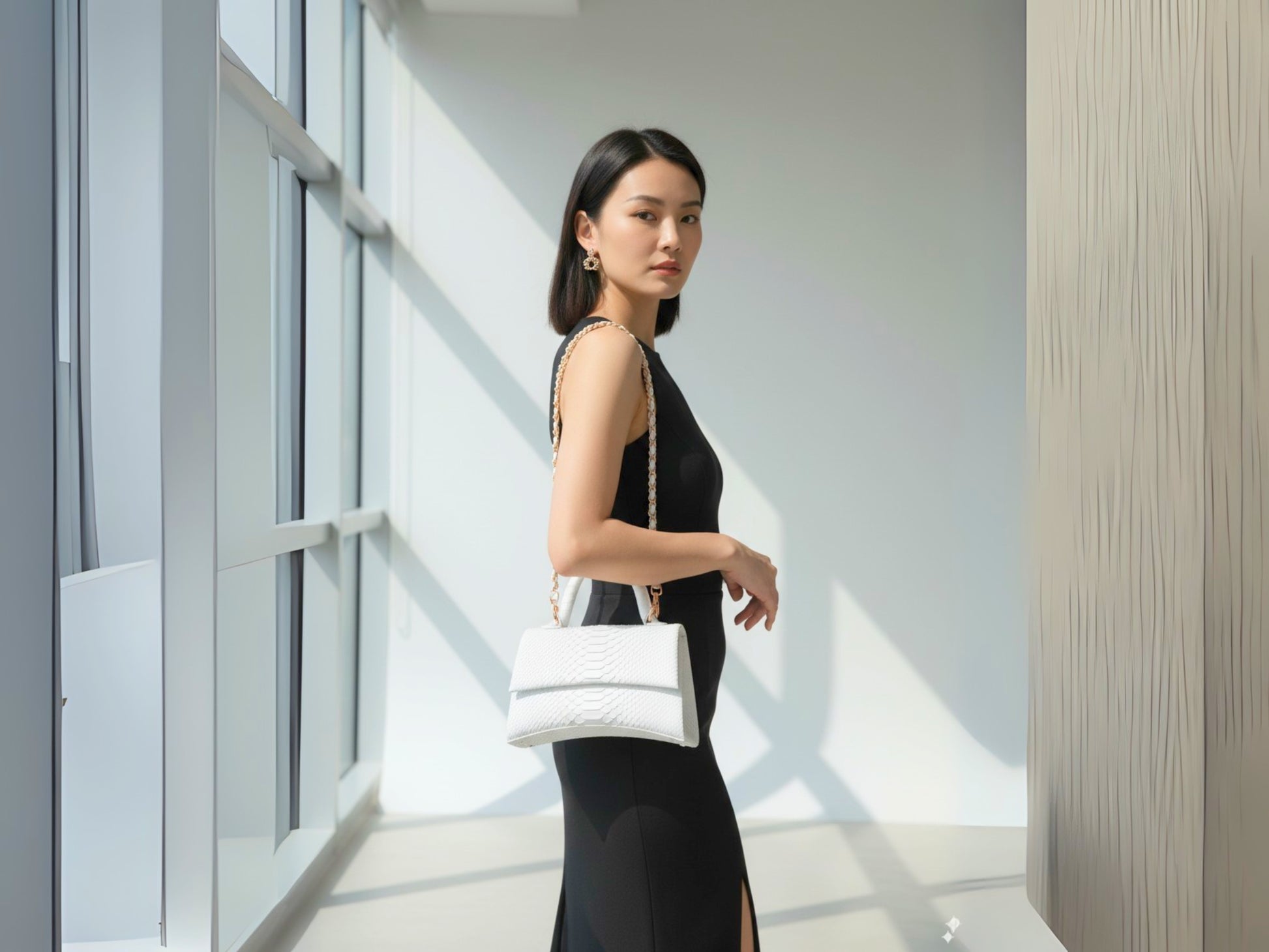 Woman holding a white handbag in an indoor setting with large windows.
