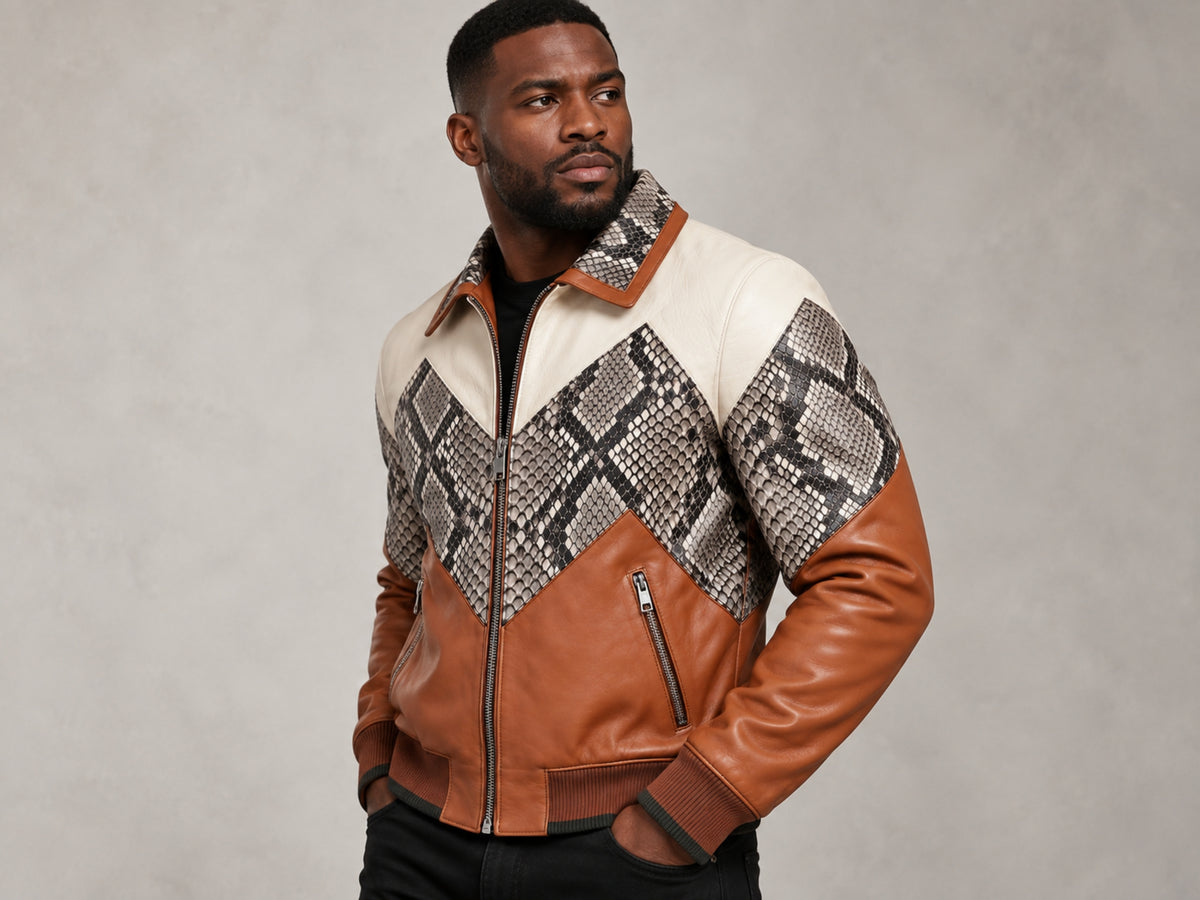 Men's Bomber Jacket | Genuine Python Snakeskin | Lambskin Leather | Cream Brown
