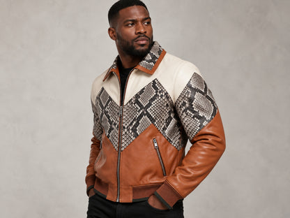 Men's Bomber Jacket | Genuine Python Snakeskin | Lambskin Leather | Cream Brown