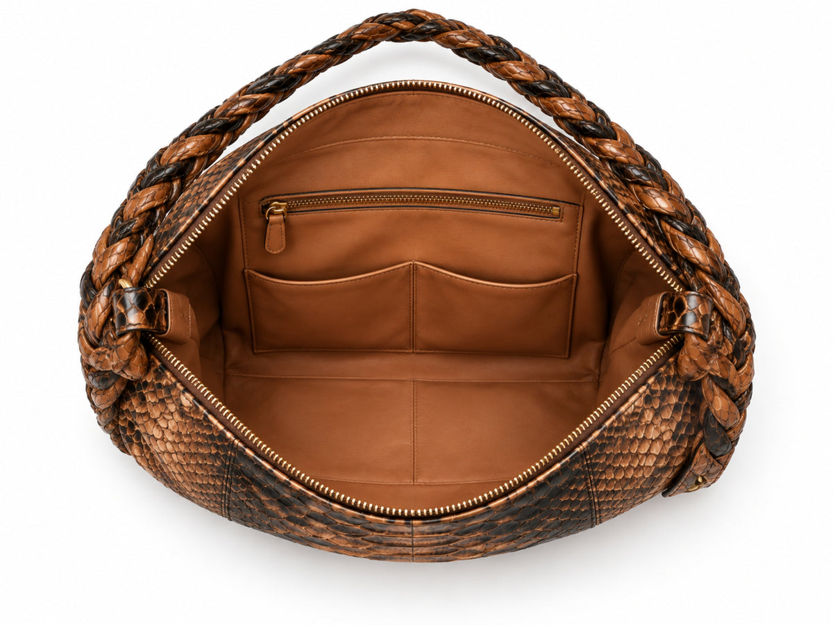 Genuine Python Snakeskin Shoulder Hobo Bag - Cognac Brown