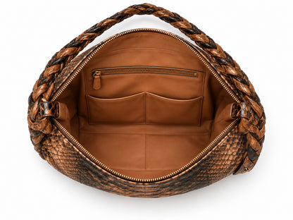 Genuine Python Snakeskin Shoulder Hobo Bag - Cognac Brown