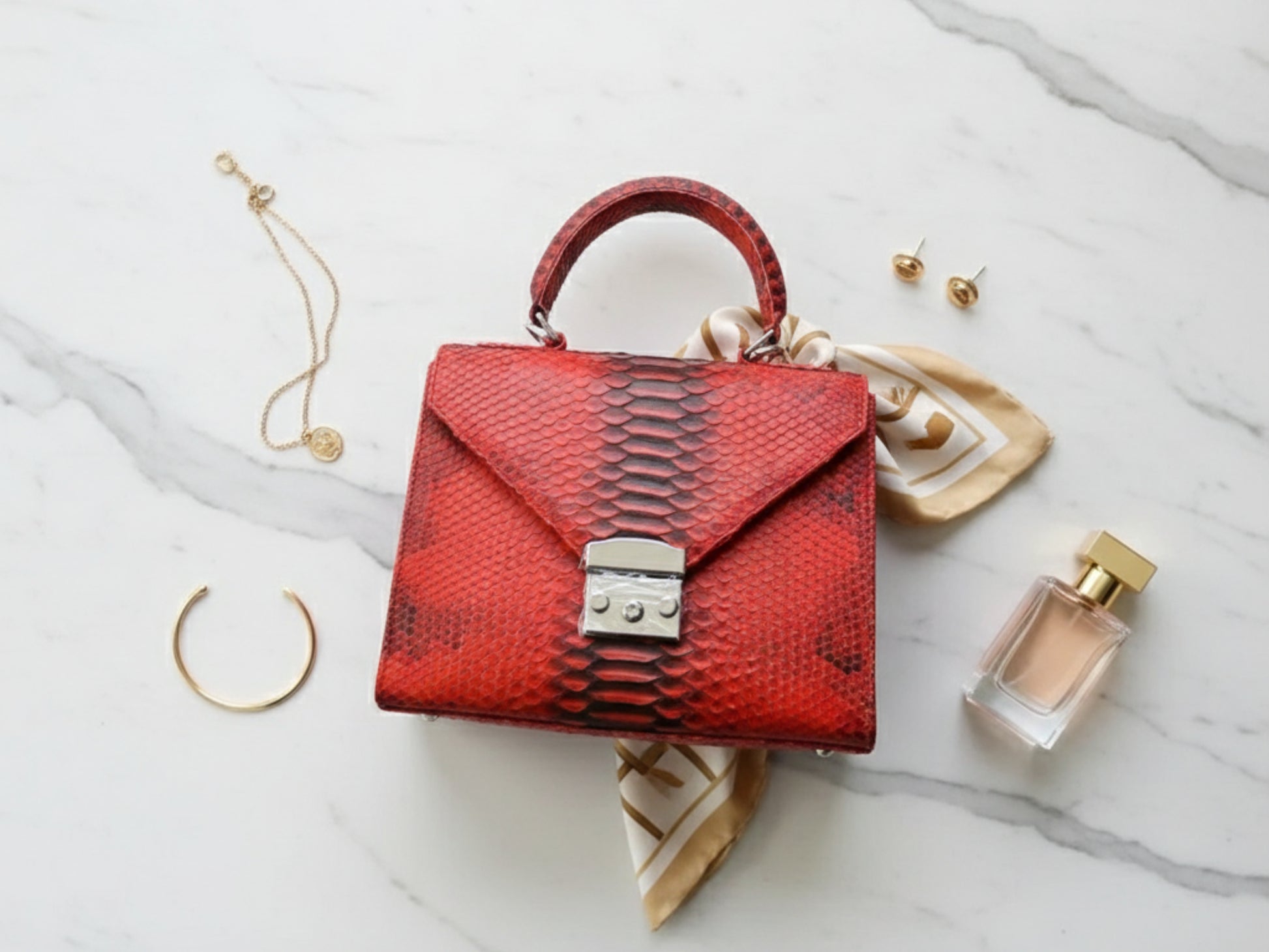 Genuine Python Leather Top Handle Bag: Elegant Handmade Designer Purse