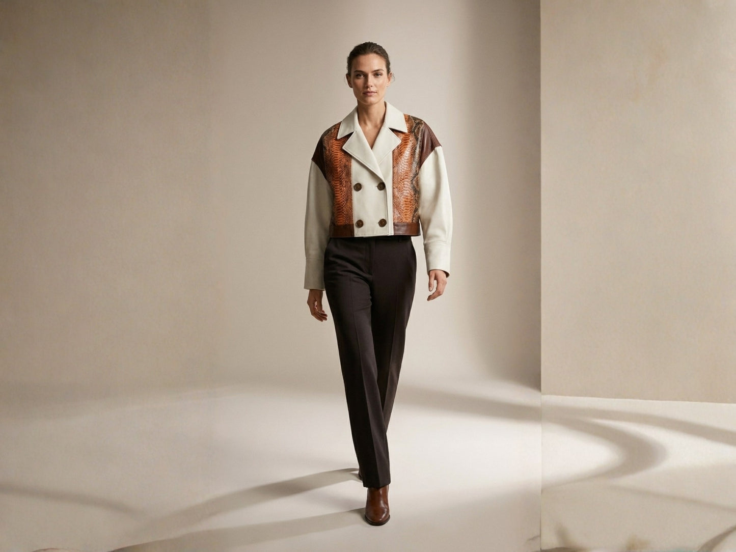 Cream Cognac Genuine Python Snakeskin Lambskin Double Breasted Blazer