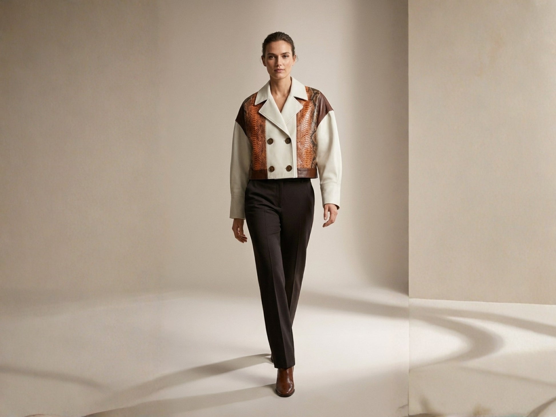 Cream Cognac Genuine Python Snakeskin Lambskin Double Breasted Blazer