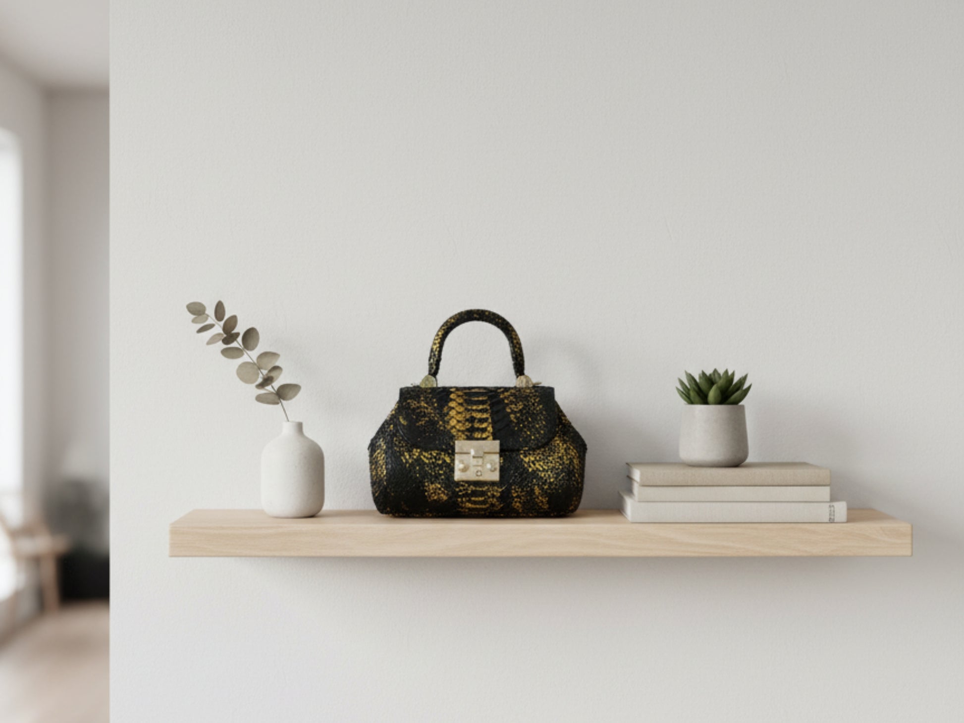 Luxury Genuine Python Snakeskin Handbag: Black & Gold Designer Purse