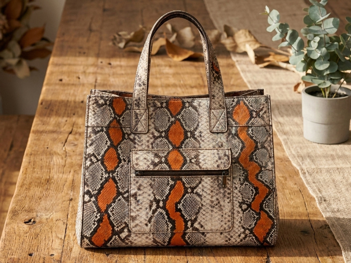 Genuine Python Snakeskin Tote Bag: Multi Orange Exotic Leather Skin