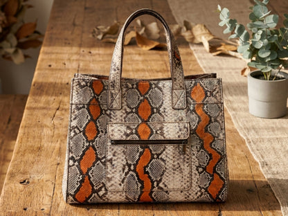Genuine Python Snakeskin Tote Bag: Multi Orange Exotic Leather Skin