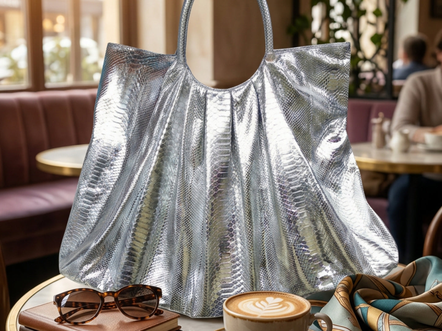 Metallic Snakeskin Tote Bag – Large Silver Shoulder Purse