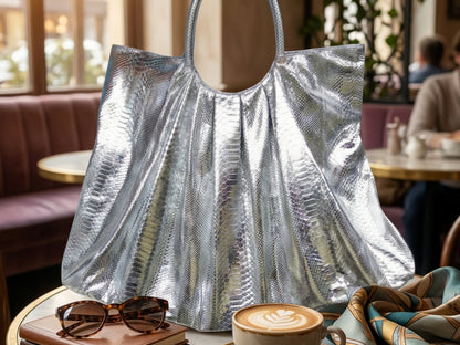 Metallic Snakeskin Tote Bag – Large Silver Shoulder Purse