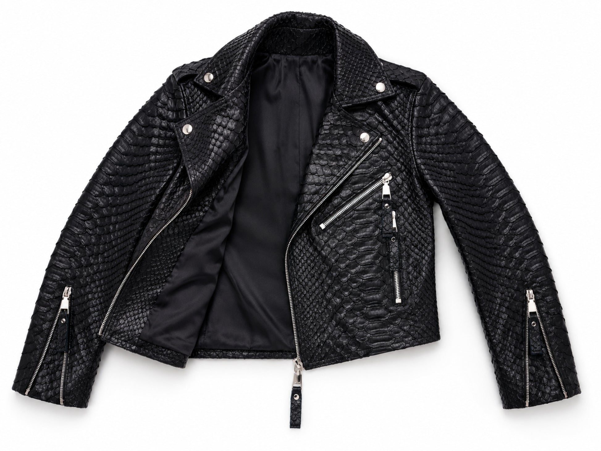 Black textured snakeskin leather moto jacket with silver zippers and snap buttons, shown open against a white background.