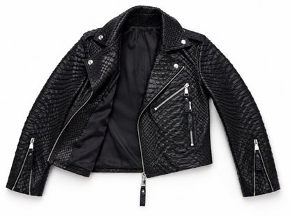 Black textured snakeskin leather moto jacket with silver zippers and snap buttons, shown open against a white background.