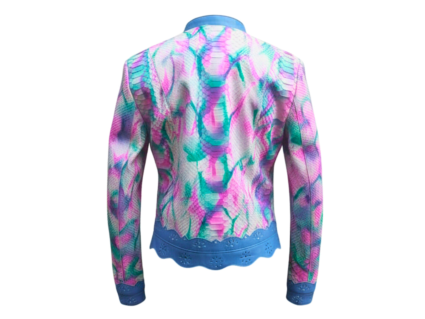 Tie Dye Python Snakeskin Leather Jacket: Genuine Exotic Leather Cropped Blazer with Blue Trim