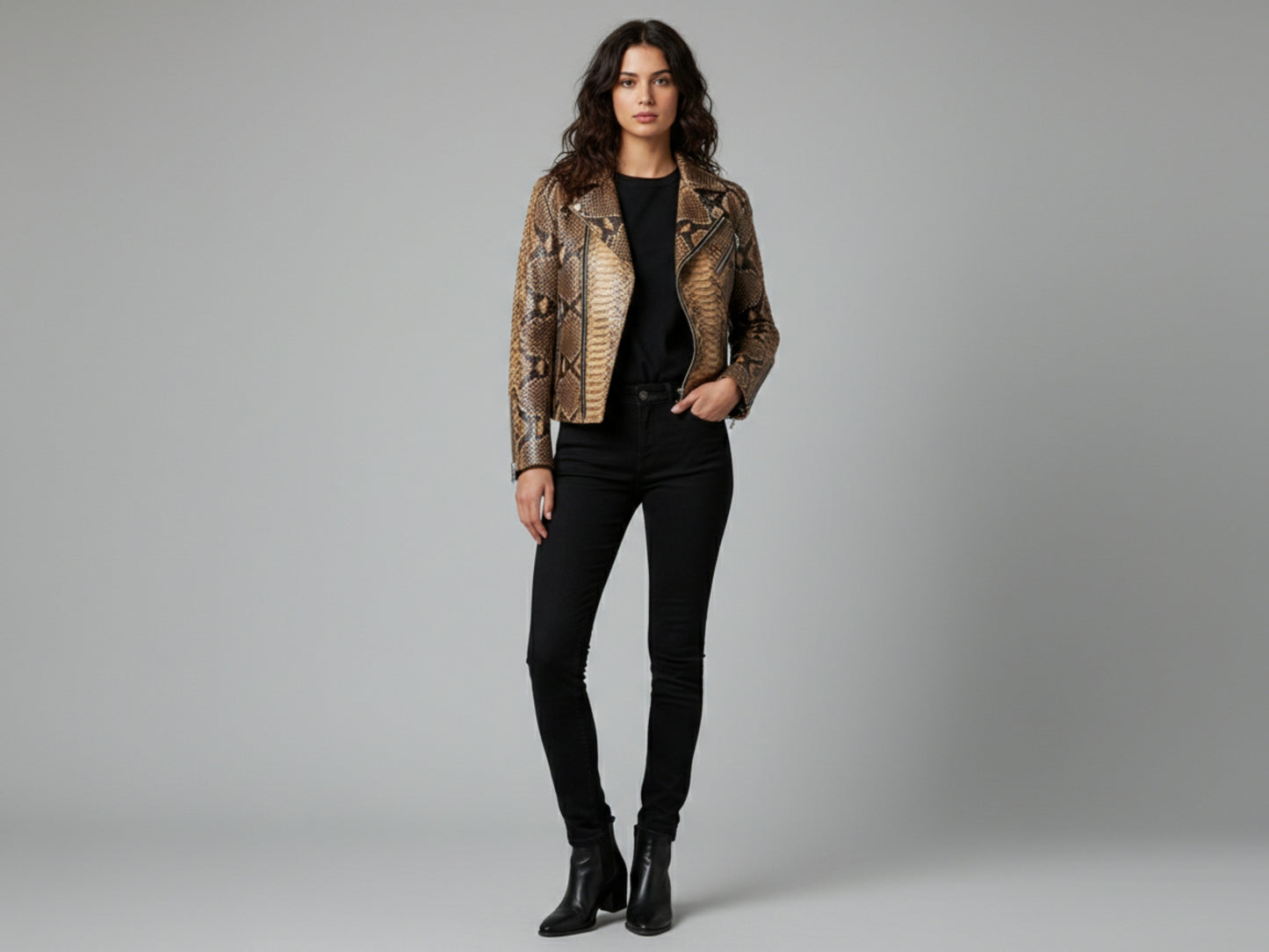 Genuine Python Snakeskin Leather Biker Jacket: Natural Brown Exotic Motorcycle Jacket