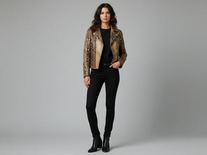 Genuine Python Snakeskin Leather Biker Jacket: Natural Brown Exotic Motorcycle Jacket