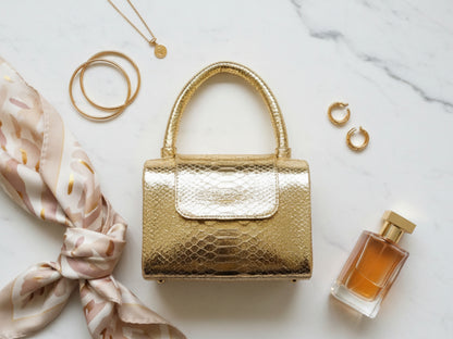 Genuine Python Snakeskin Leather Handbag in Gold
