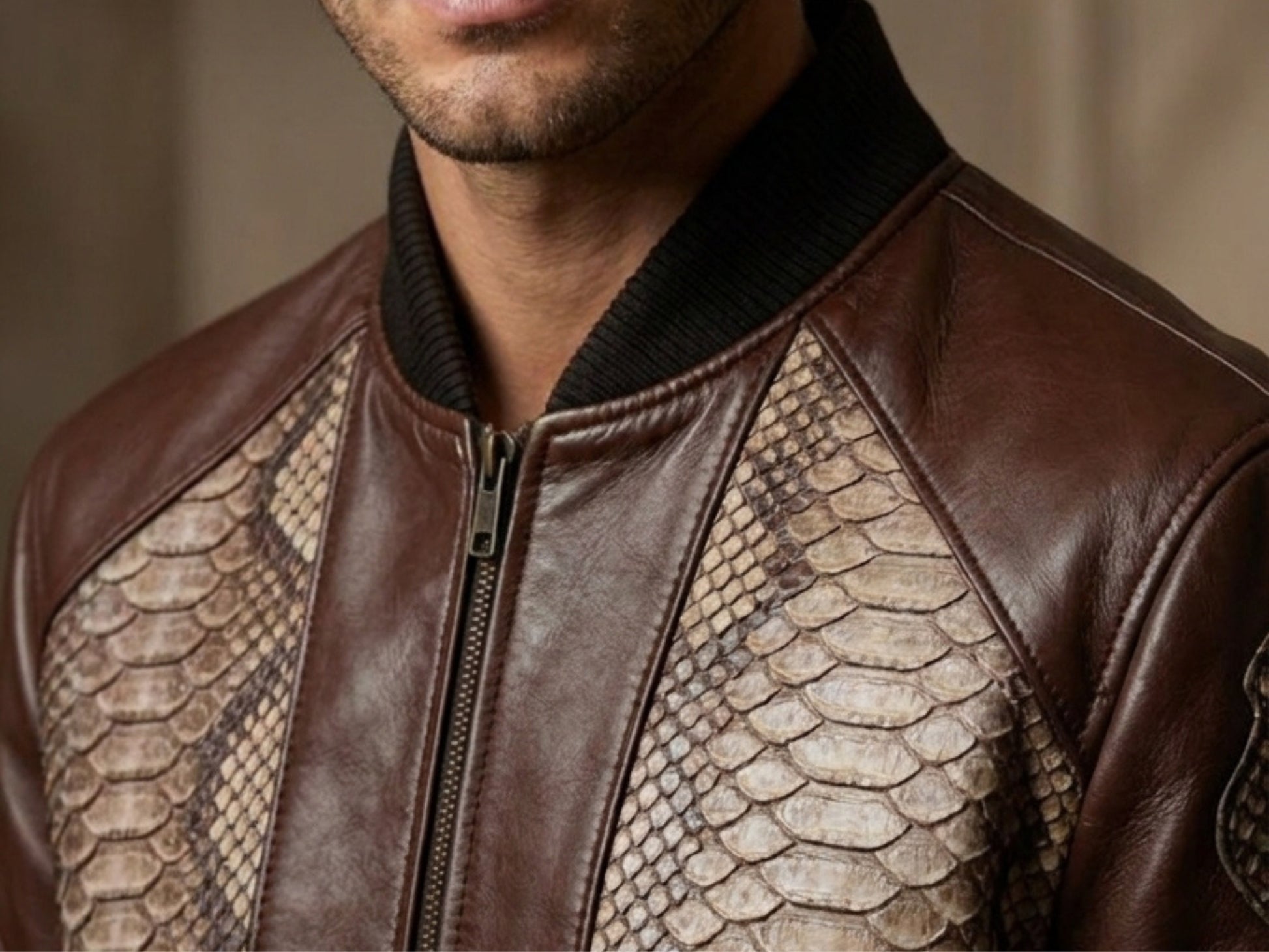 Dark Brown Python Snakeskin Bomber Jacket