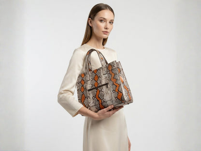 Genuine Python Snakeskin Tote Bag: Multi Orange Exotic Leather Skin