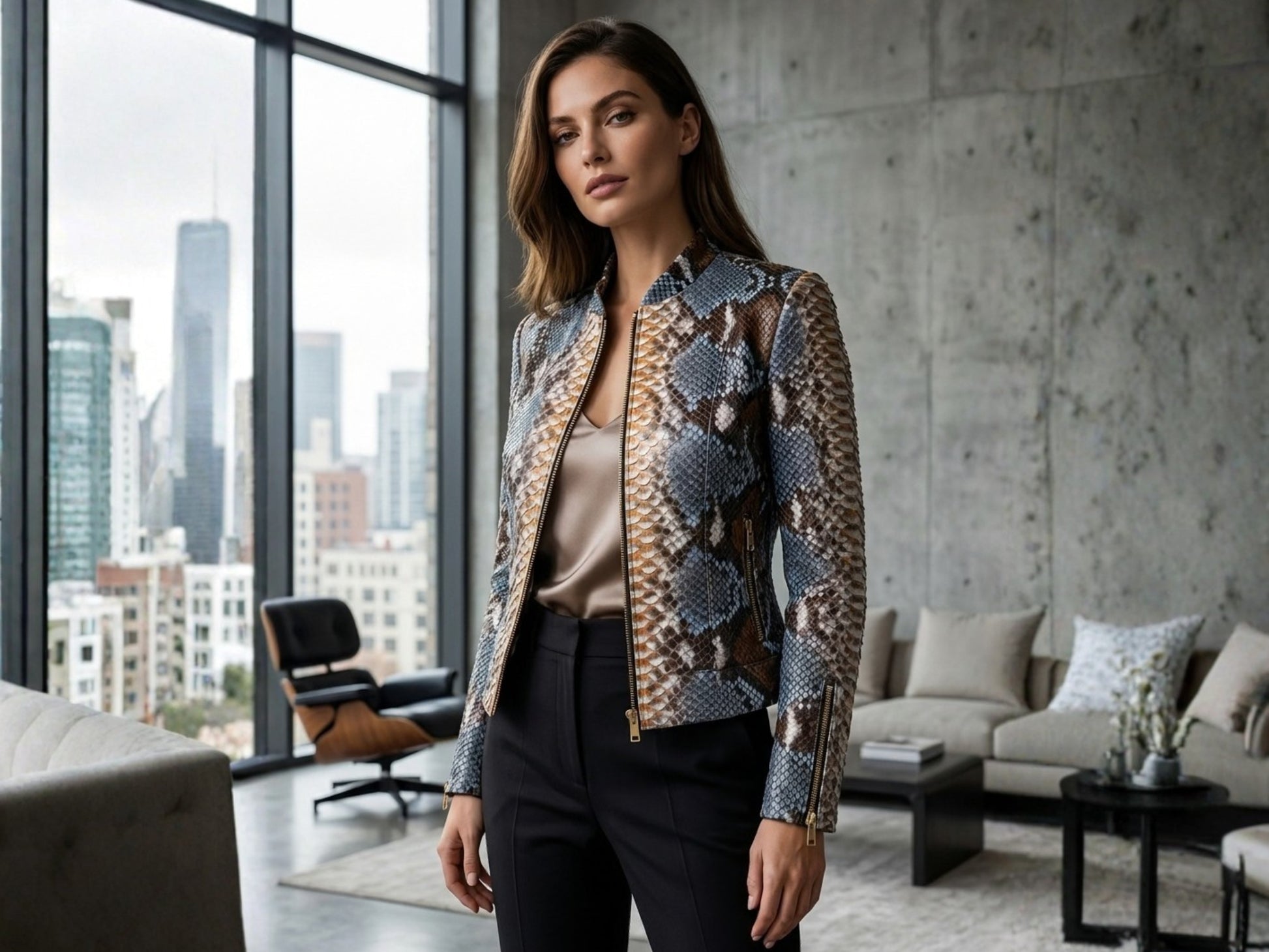 Exotic Blue Brown Python Snakeskin Leather Jacket