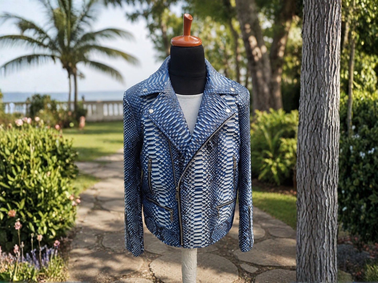 Blue patterned jacket on a mannequin in a garden setting