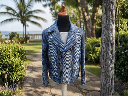 Blue patterned jacket on a mannequin in a garden setting