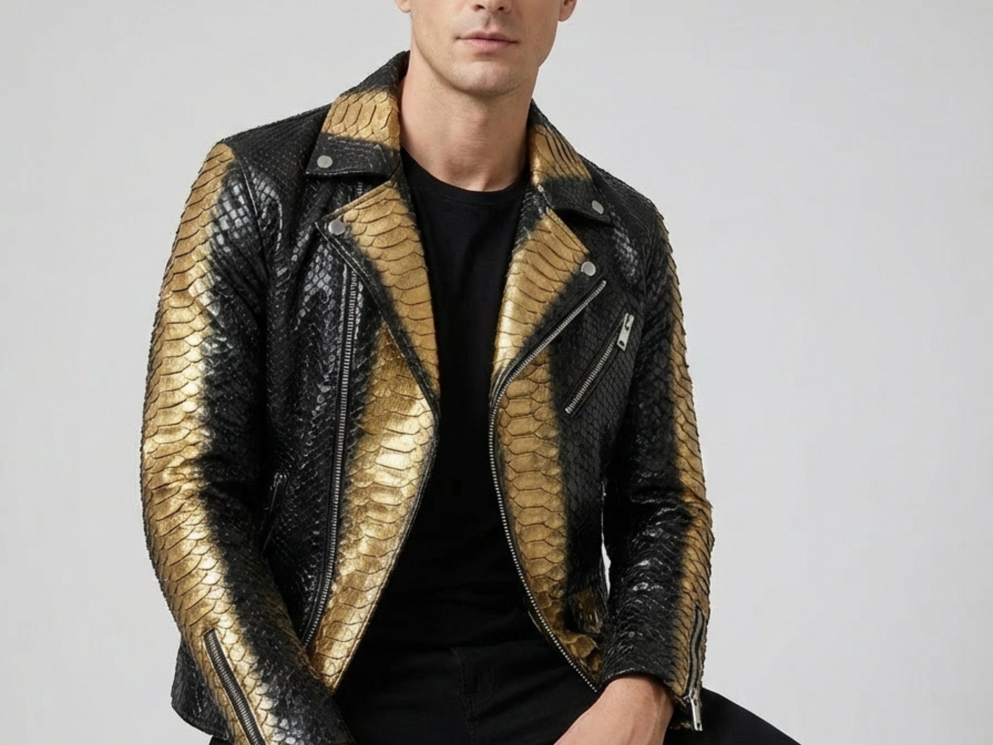 Genuine Python Snakeskin Biker Jacket: Black Gold Exotic Leather Motorcycle Jacket