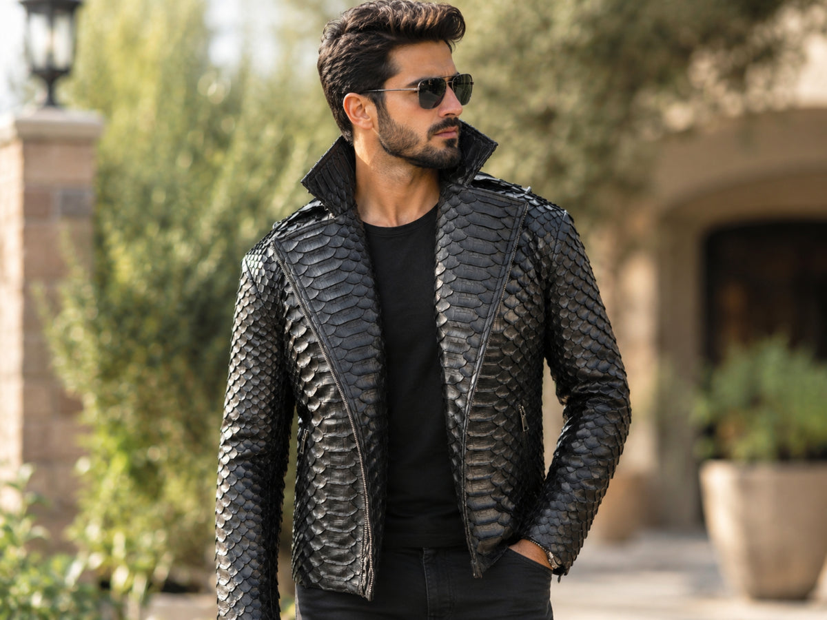 Genuine Python Snakeskin Motorcycle Jacket | Black King Scales