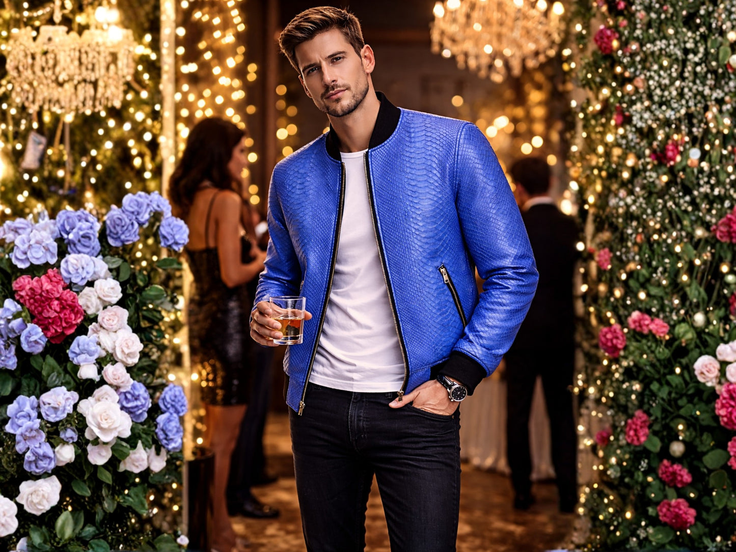 Blue Python Snakeskin Bomber Jacket