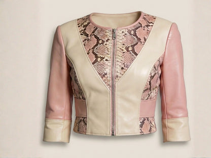 Blush Snakeskin Panel Cropped Leather Jacket
