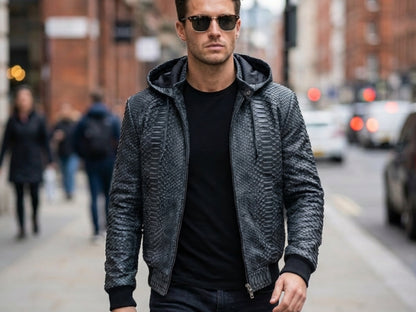 Genuine Python Snakeskin Hoodie Bomber Jacket | Black Nubuck Matte Leather