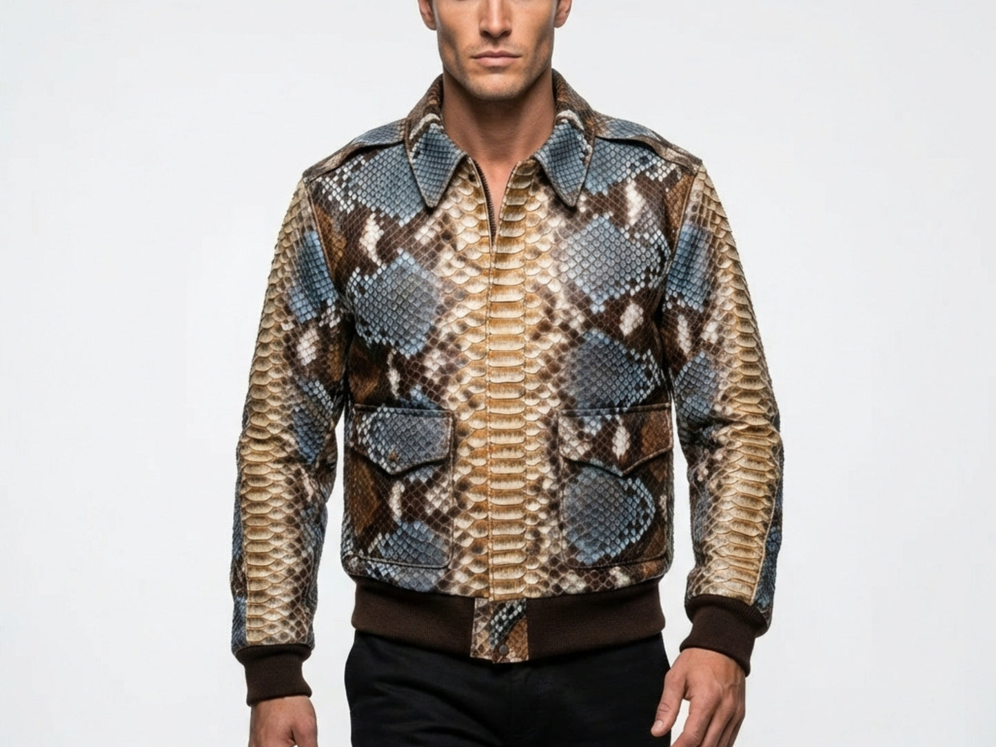 Multi Color Brown Snakeskin Bomber Jacket