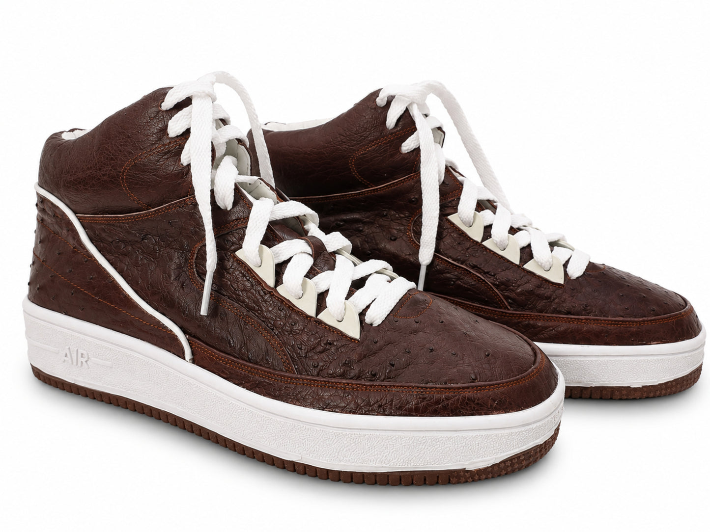 Brown Ostrich Skin Leather High-Top Sneakers