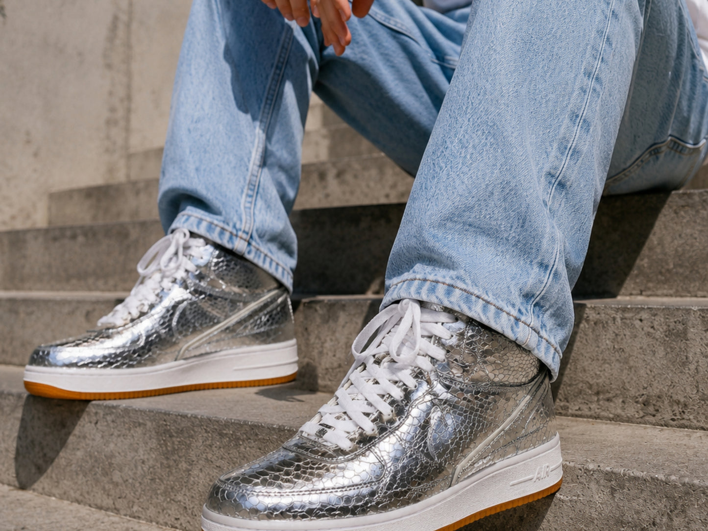 Silver Python Snakeskin Leather High-Top Sneakers