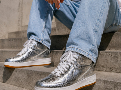 Silver Python Snakeskin Leather High-Top Sneakers