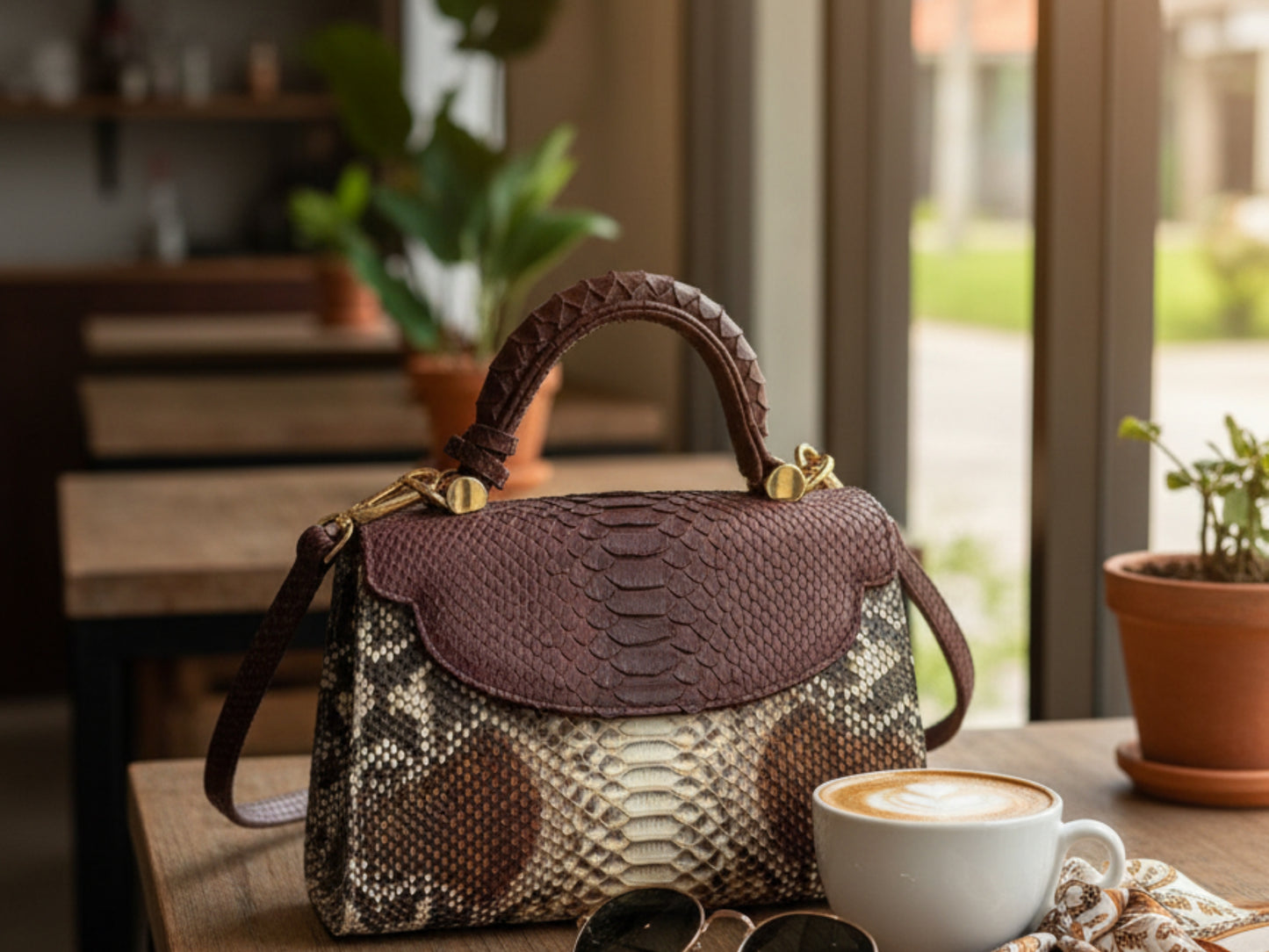 Brown Genuine Python Snakeskin Satchel Bag for Women: Exotic Leather Handbag