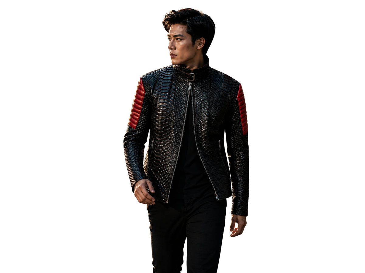 Python Snakeskin Leather Jacket: Quilted Sleeves - LFM Fashion International LLC